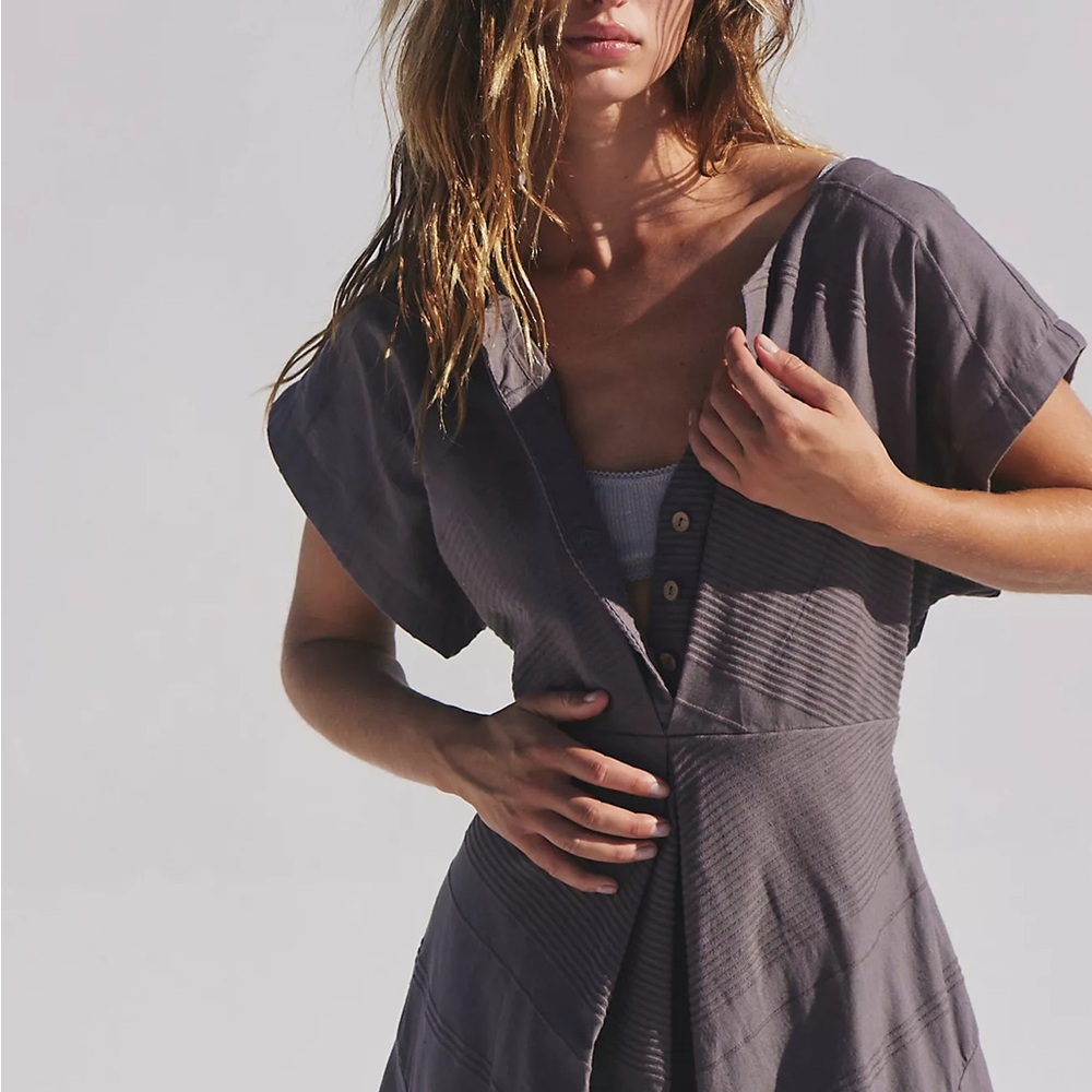 Free People Outta Here Bohemian Summer Elegant White Midi Button Textured Dress - Picture 7 of 7